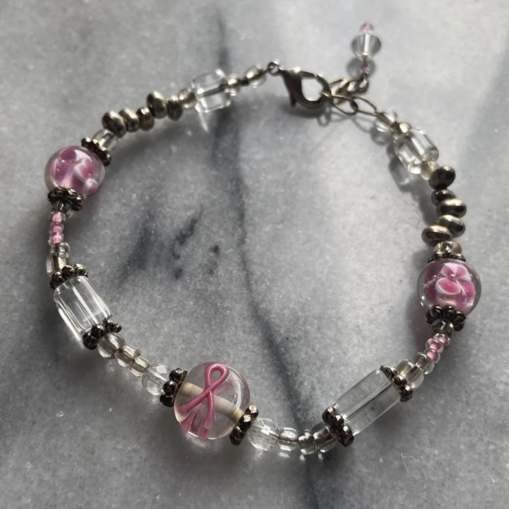 Glass Breast Cancer Ribbon Bracelet
